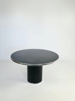 Italian 1970s Black Round Pedestal Dining Table with Chrome Trim