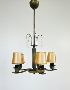 PSO Finnish Art Deco Five-Arm Army Green Chandelier with Crystal Pendants, 1930s