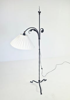Mid-Century Finnish Forged Iron Floor Lamp with Fabric Shade by PSO, 1940s