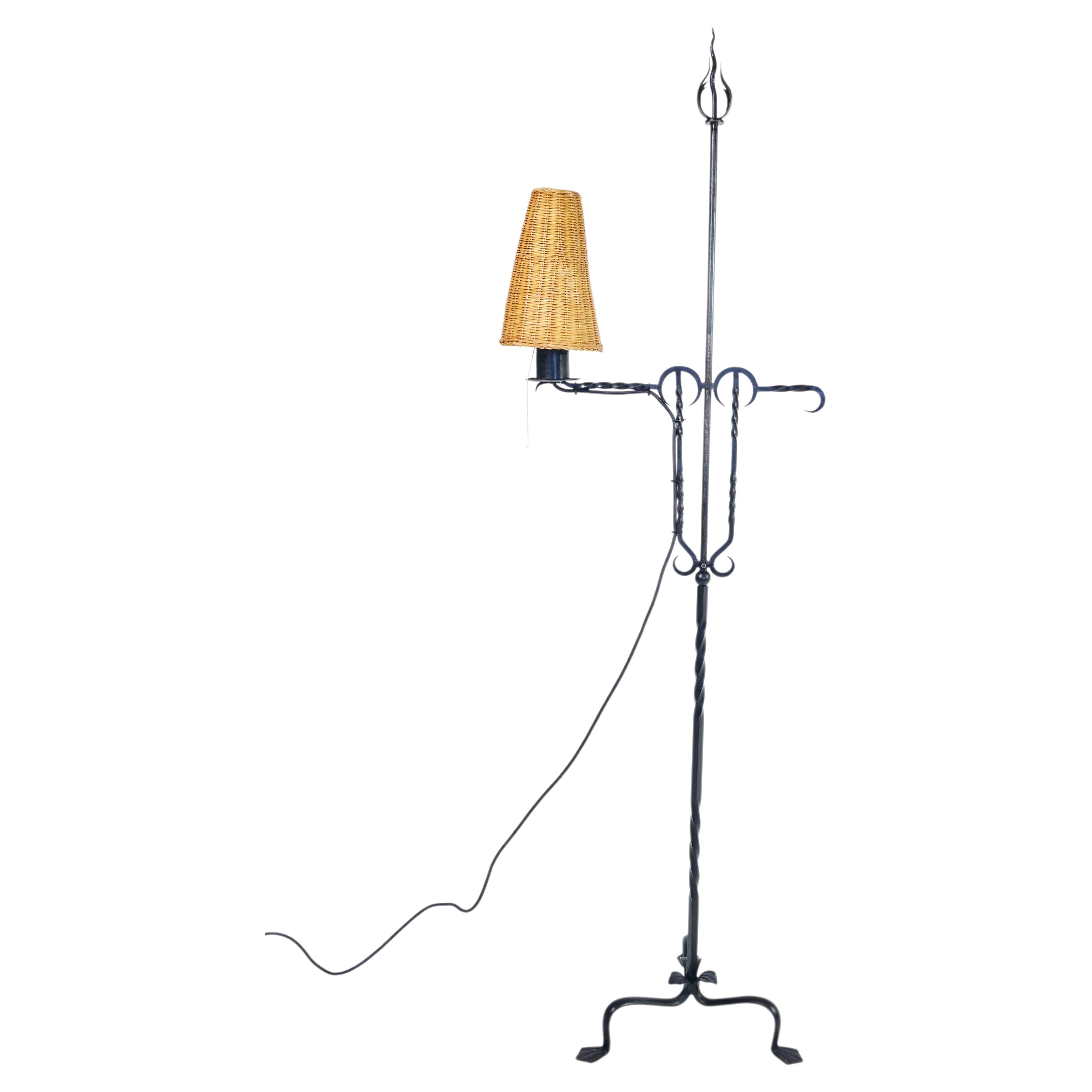Vintage Finnish Taidetakomo Hakkarainen Wrought Iron & Rattan Floor Lamp Finland For Sale