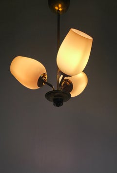 Finnish / Scandinavian Modern Brass & Pink Glass Three-Arm Chandelier 1950's MCM