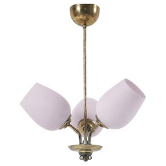Finnish / Scandinavian Modern Brass & Pink Glass Three-Arm Chandelier 1950's MCM