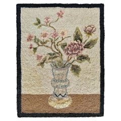 American Floral Hooked Rug Wall Hanging Roses and Delft-Style Vase circa 1930's
