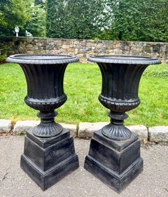 Pair English Neoclassical Black Cast Iron Campana Garden Urns on Plinths 1880's