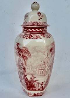 English Red and White Chinoiserie Transferware Porcelain Lidded Jar