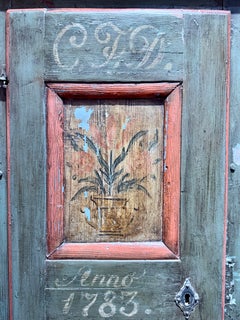 LLate 18th Century Scandinavian Blue-Green Painted Folk Art Corner Cabinet