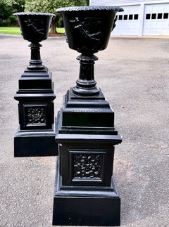 Large Pair of Antique Black Cast Iron Garden Urns on Pedestals, Circa 1900