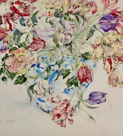 Large Floral Still Life Watercolor Painting with Butterflies, 1989, Modern Frame