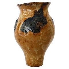 Contemporary Sculptural Ceramic Vessel with Expressive Amber and Black Glaze