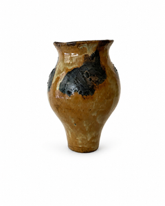 Contemporary Sculptural Ceramic Vessel with Expressive Amber and Black Glaze