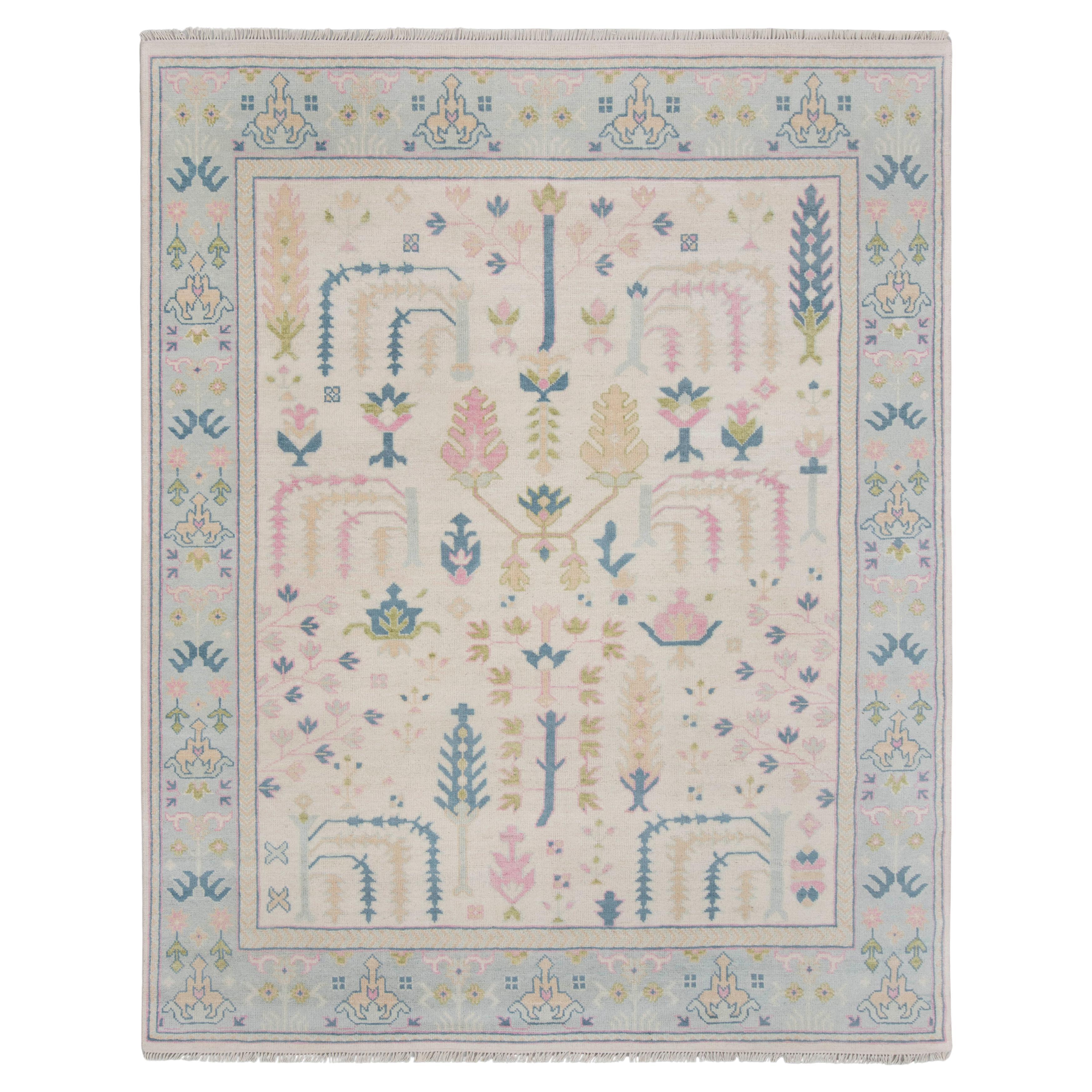8x10 Modern Oushak Rug – Hand-Knotted Wool, Ivory & Blue Rug ( JC-8340) For Sale