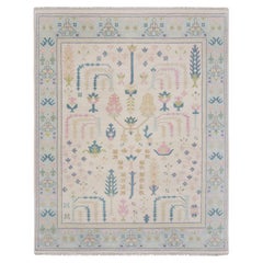 Tapis moderne doux ivoire et bleu Oushak - Tapis 100% laine noué à la main