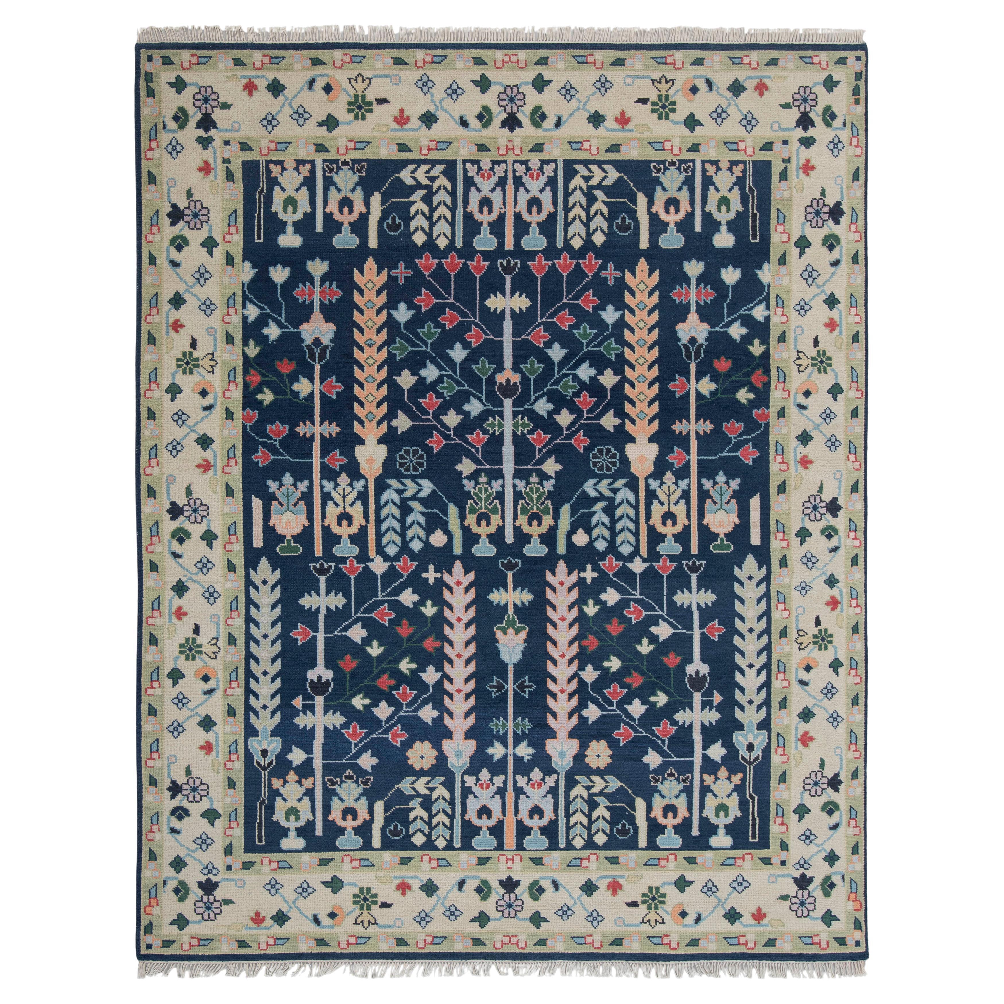 8x10 Tapis Oushak bleu marine et ivoire - Tapis à motifs de jardins en laine noué à la main