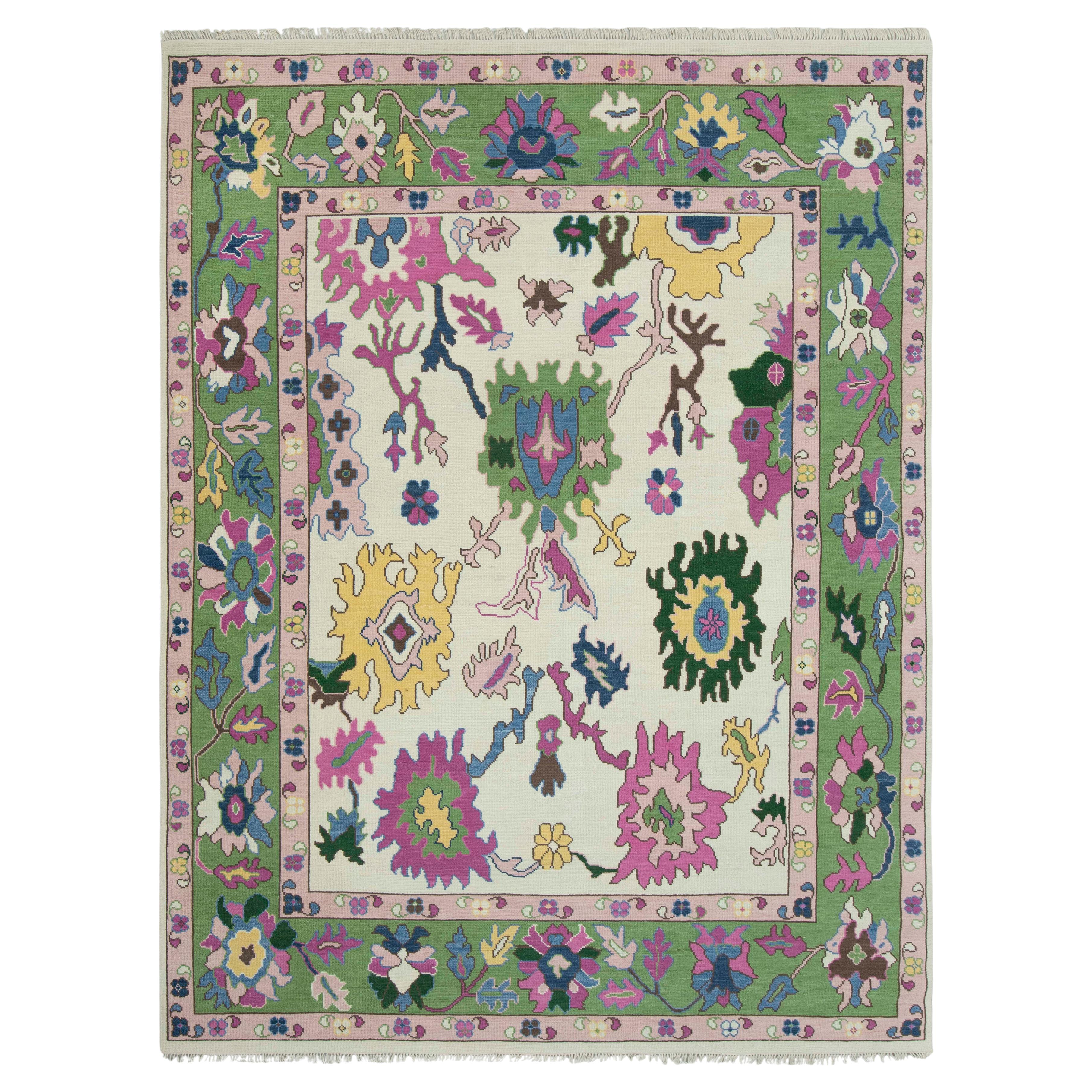 9x12 Ivory, Pink & Green Oushak Rug – Wool Hand-Knotted Rug ( JC - 8772)