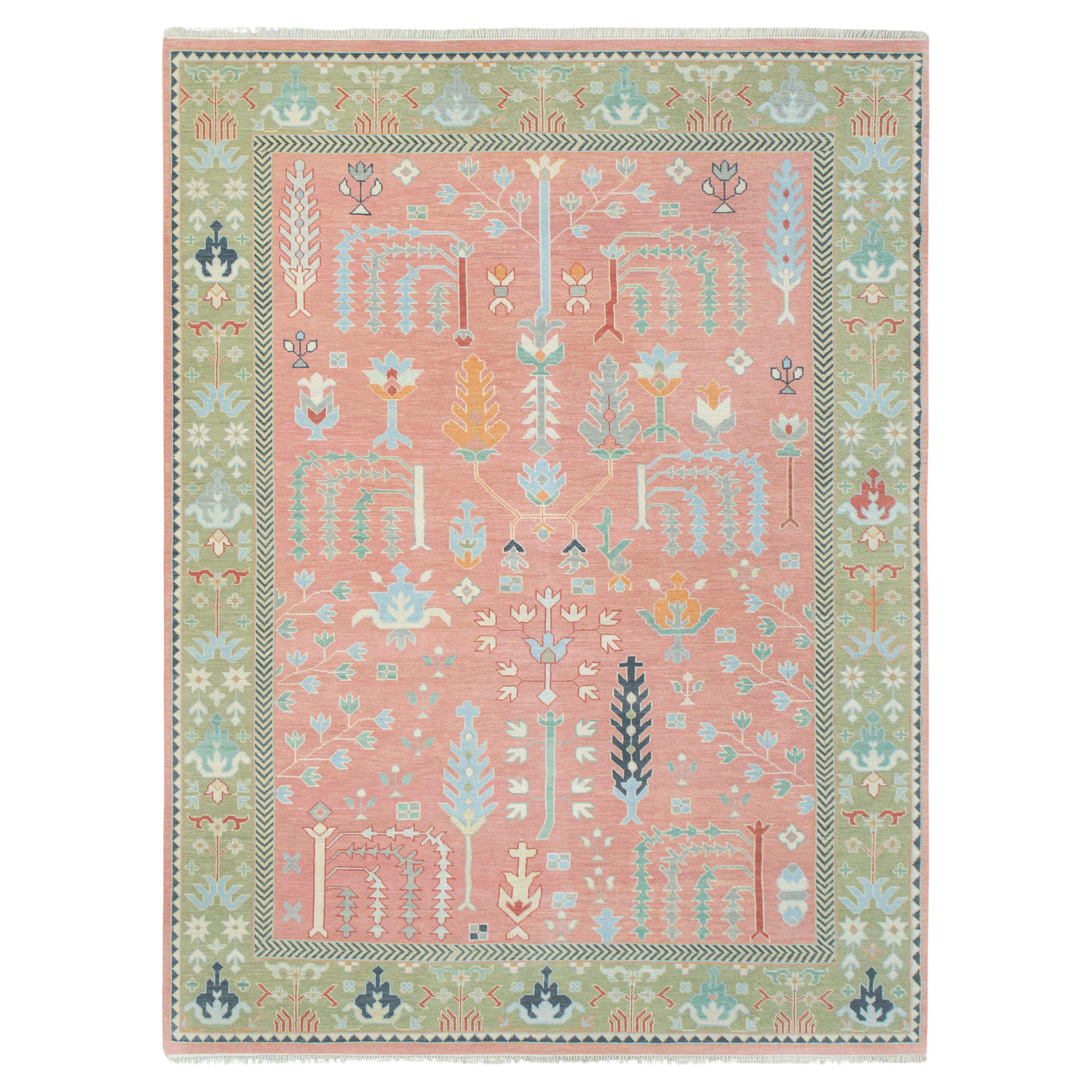 10x14 Pink Green Tree Design Oushak Hand Knotted Wool Rug ( JC- 8070 )