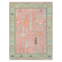 10x14 Rosa Grün Baum Design Oushak Handgeknüpfter Wollteppich