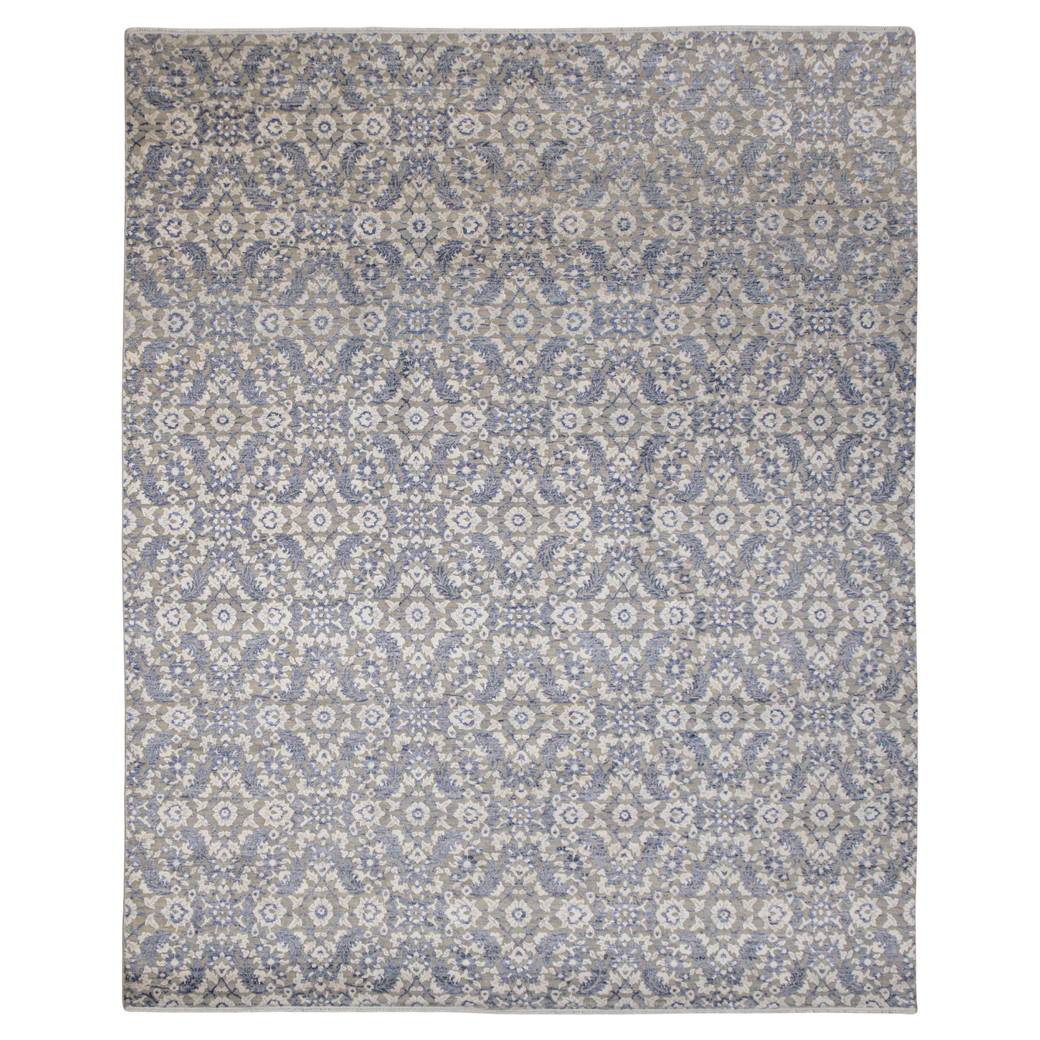 8x10 Gray Ivory Blue Wool-Silk Hand-Knotted Abstract Rug ( 7386)