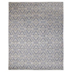 8x10 Gray Ivory Blue Wool-Silk Hand-Knotted Abstract Rug ( 7386)