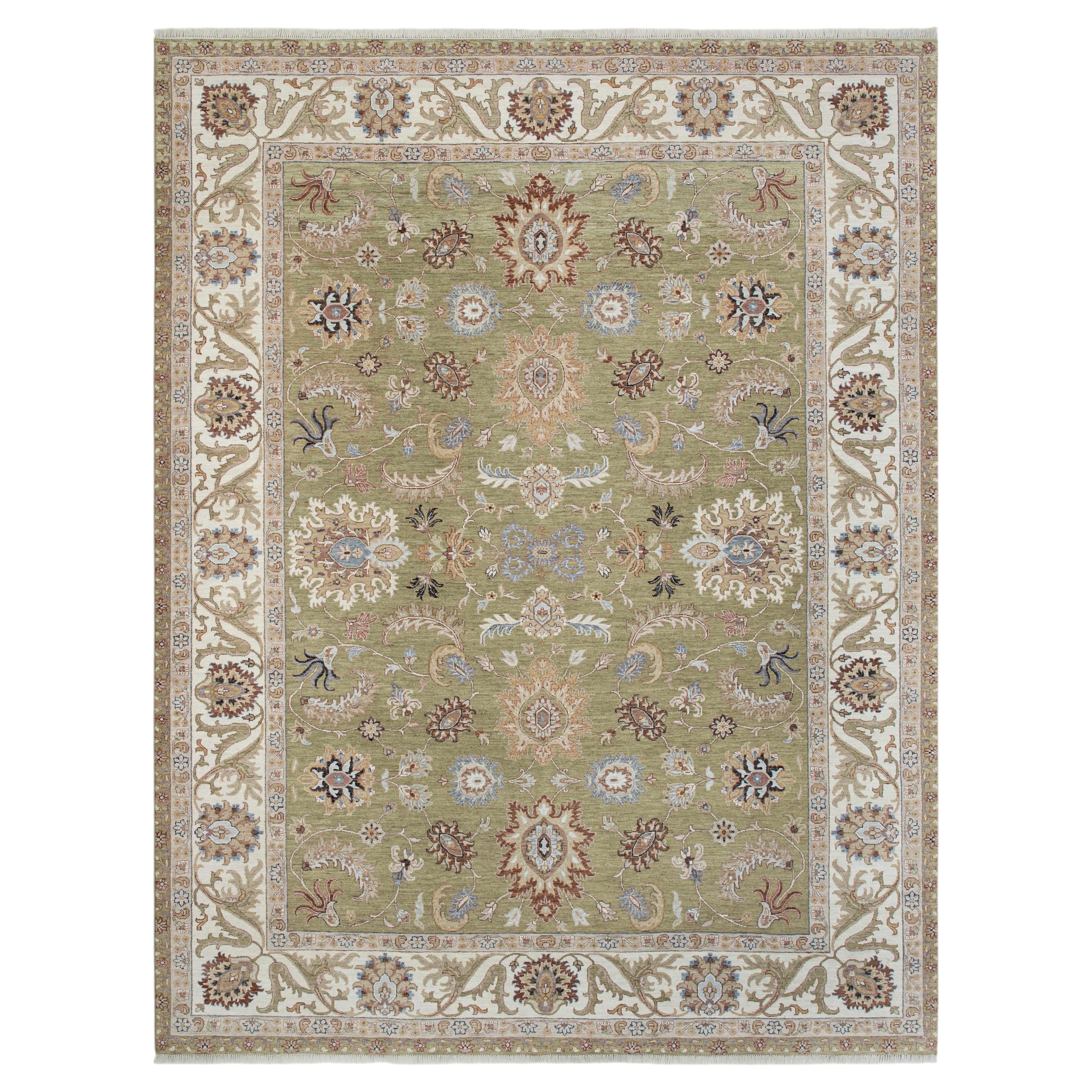 10x14 Sage Green Hand Knotsene Rugs Oushak with Ivory Floral Border ( G-14101 )