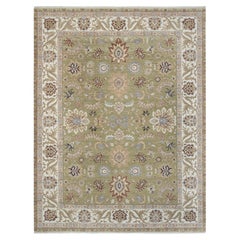 10x14 Sage Green Hand Knotted Oushak with Ivory Floral Border Rug ( G-14101 )
