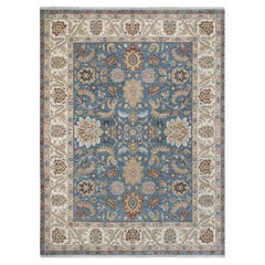 10x14 Navy Blue Hand Knotted Oushak with Ivory Floral Border Rug ( G-14015 )