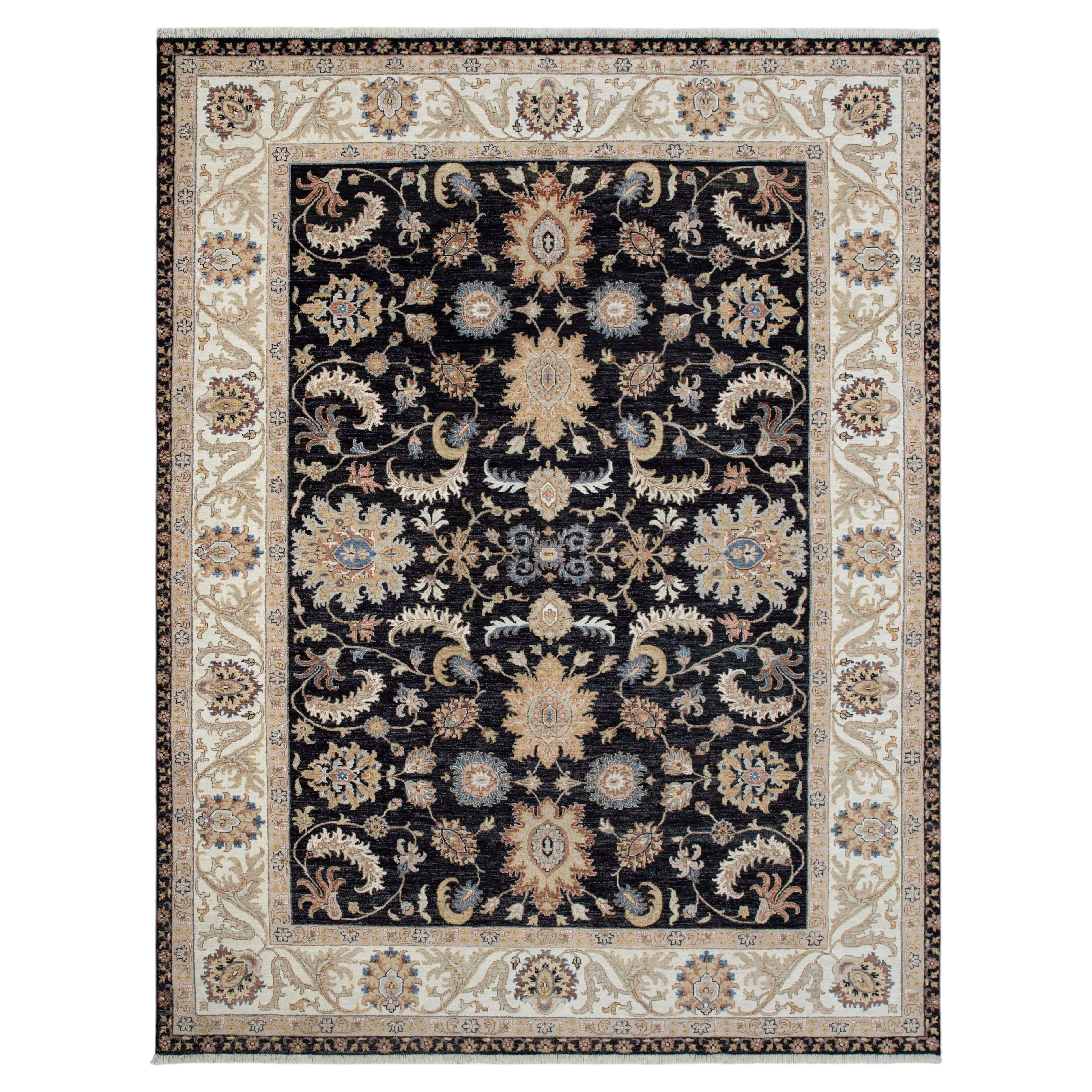 10x14 Black Persian Hand Knotted Oushak with Ivory Floral Border Rug (G-13759)