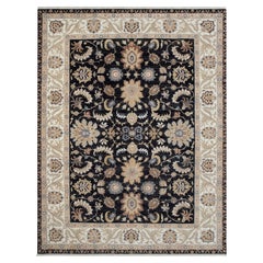 10x14 Black Persian Hand Knotted Oushak with Ivory Floral Border Rug (G-13759)