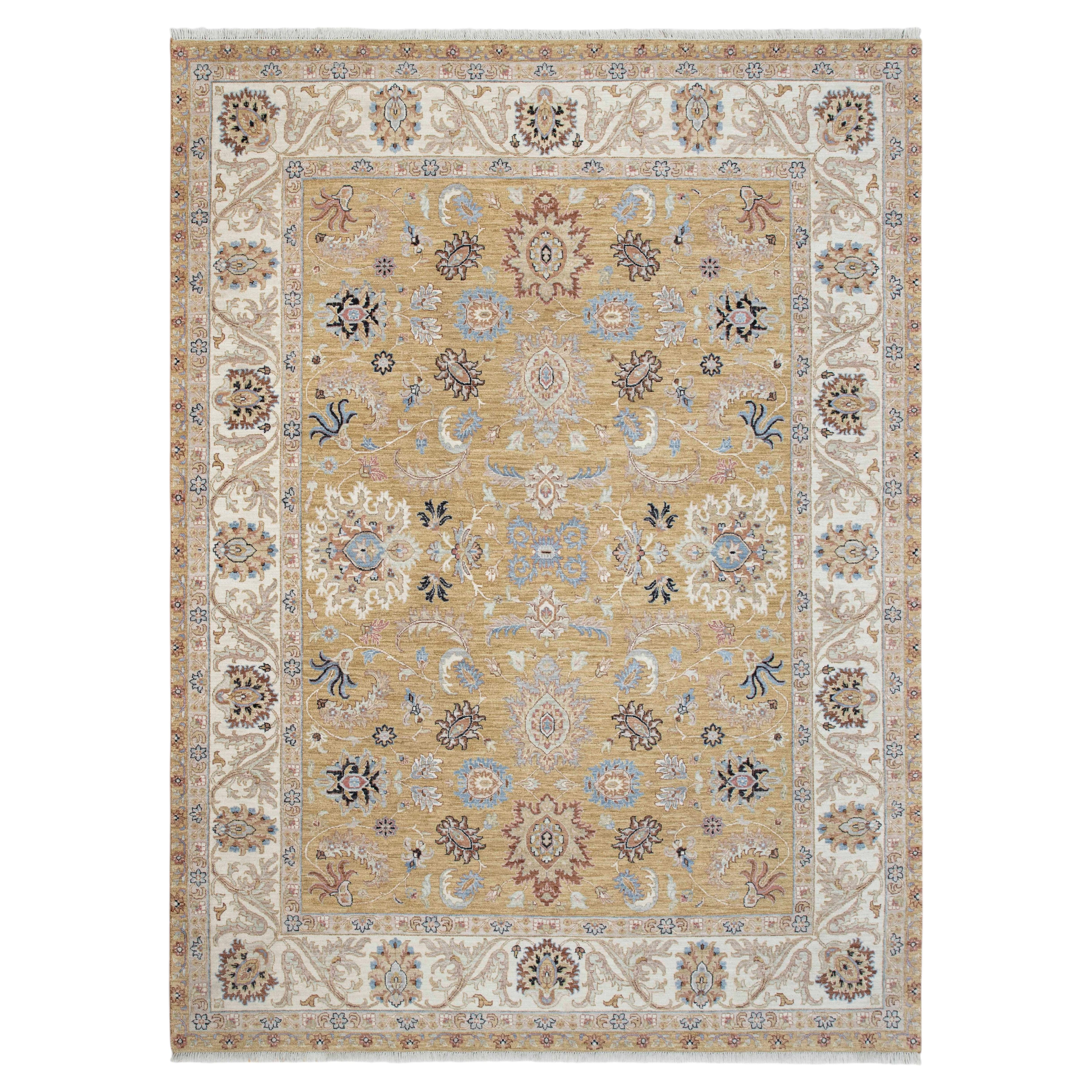 9x12 Golden Ivory Oushak Wool Hand knotted Floral Design Rug ( G-13758)
