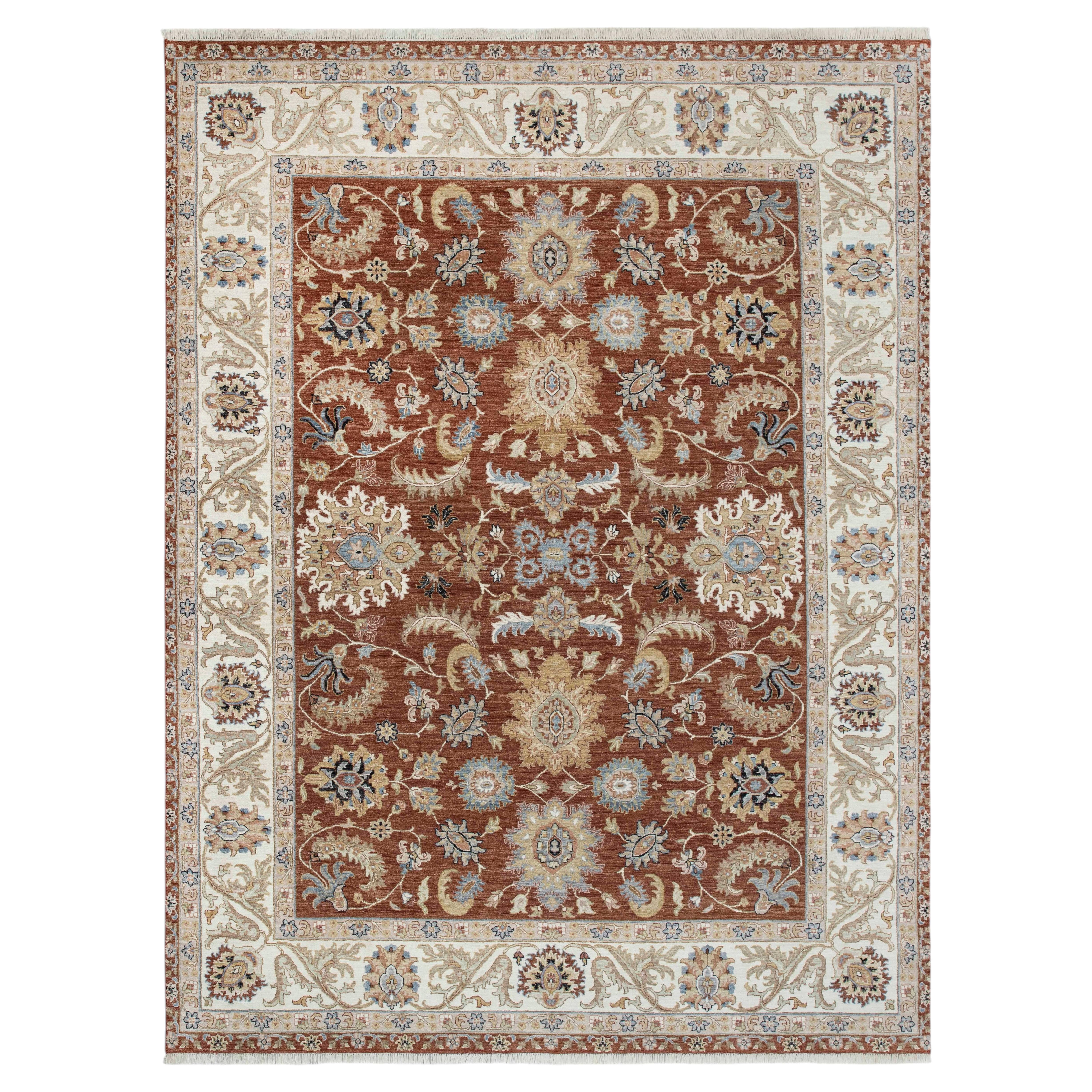 9x12 Rostroter Oushak-Wollteppich Handgeknüpfter Blumenteppich ( G-13598 )