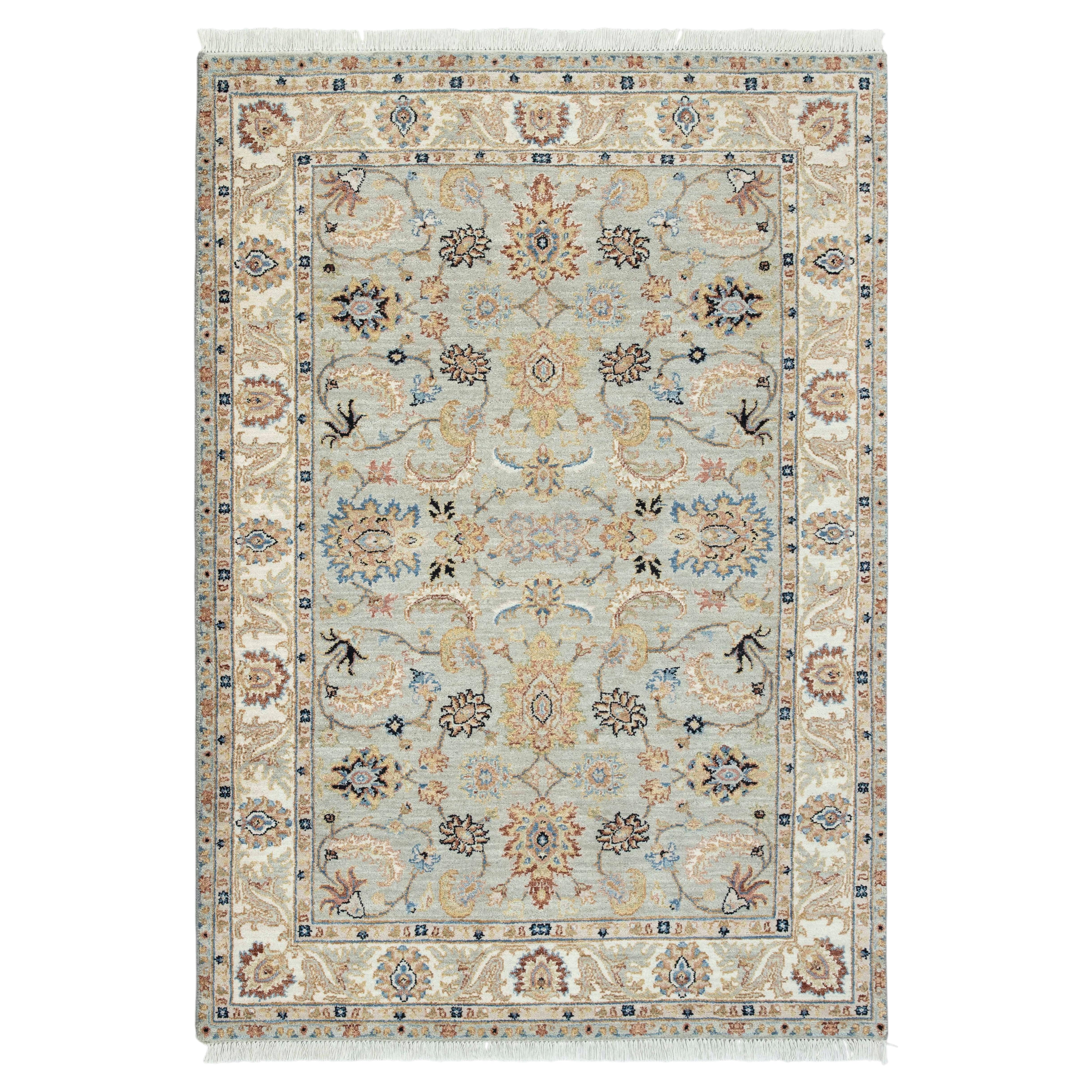 4x6 Light Green Ivory Oushak Wool Rug Hand knotted Floral Rug ( G - 13522 )