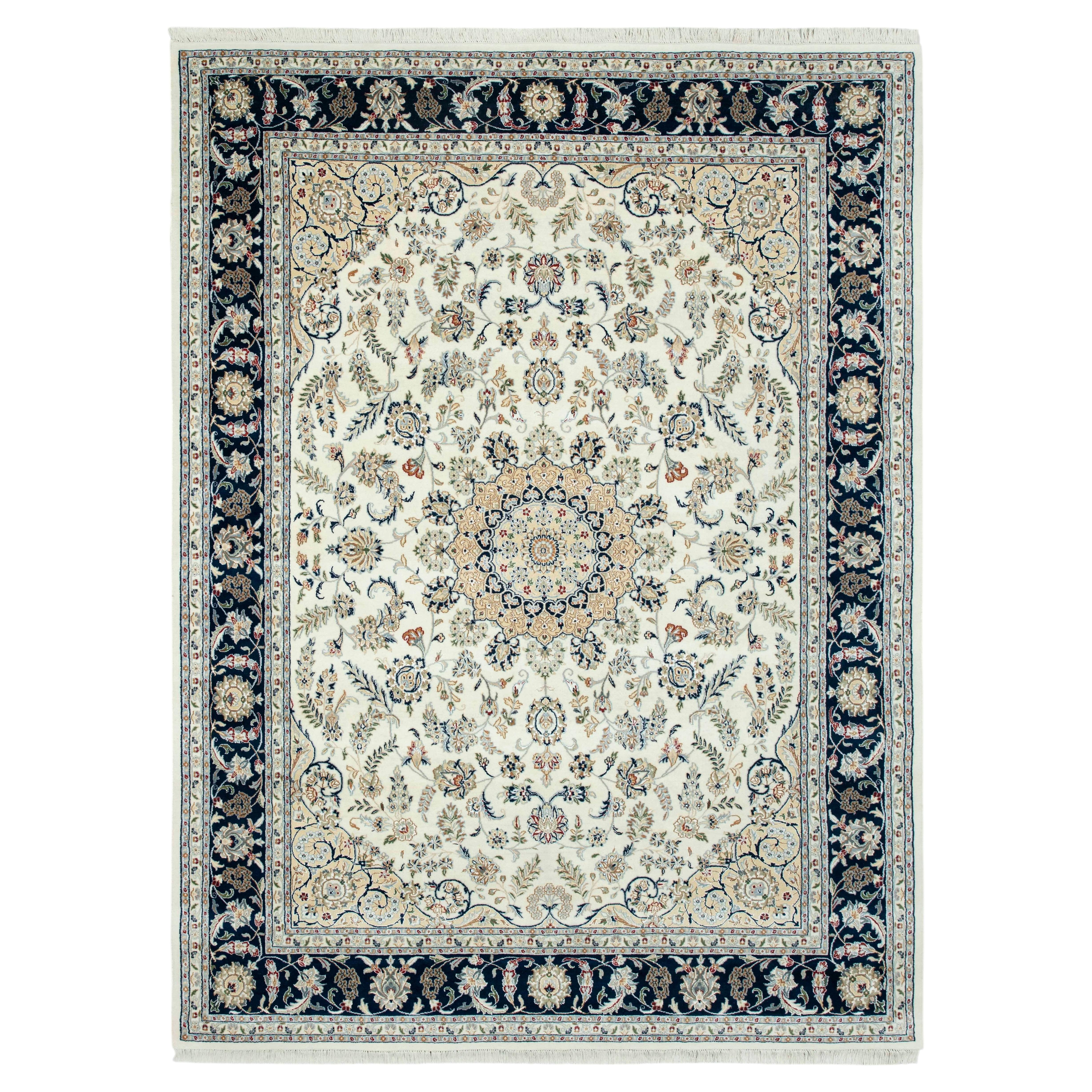 9x12 Ivory Navy Indo Nain Hand Knotted Wool Silk Rug ( P-9626) For Sale