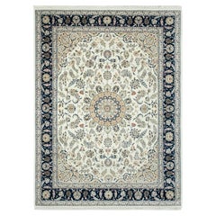 9x12 Ivory Navy Indo Nain Hand Knotted Wool Silk Rug ( P-9626)
