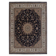 8x10 Deep Navy Cream Persian Medallion Nain Hand Knotted Wool Silk Rug ( G-5430)