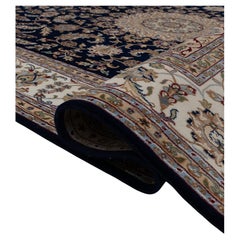 8x10 Deep Navy Cream Persian Medallion Nain Hand Knotted Wool Silk Rug ( G-5430)