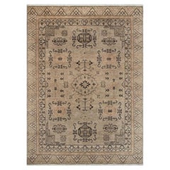 9x12 Beige Tribal Medallion Rug with Black Motifs Hand Knotted Rug ( G-14097)