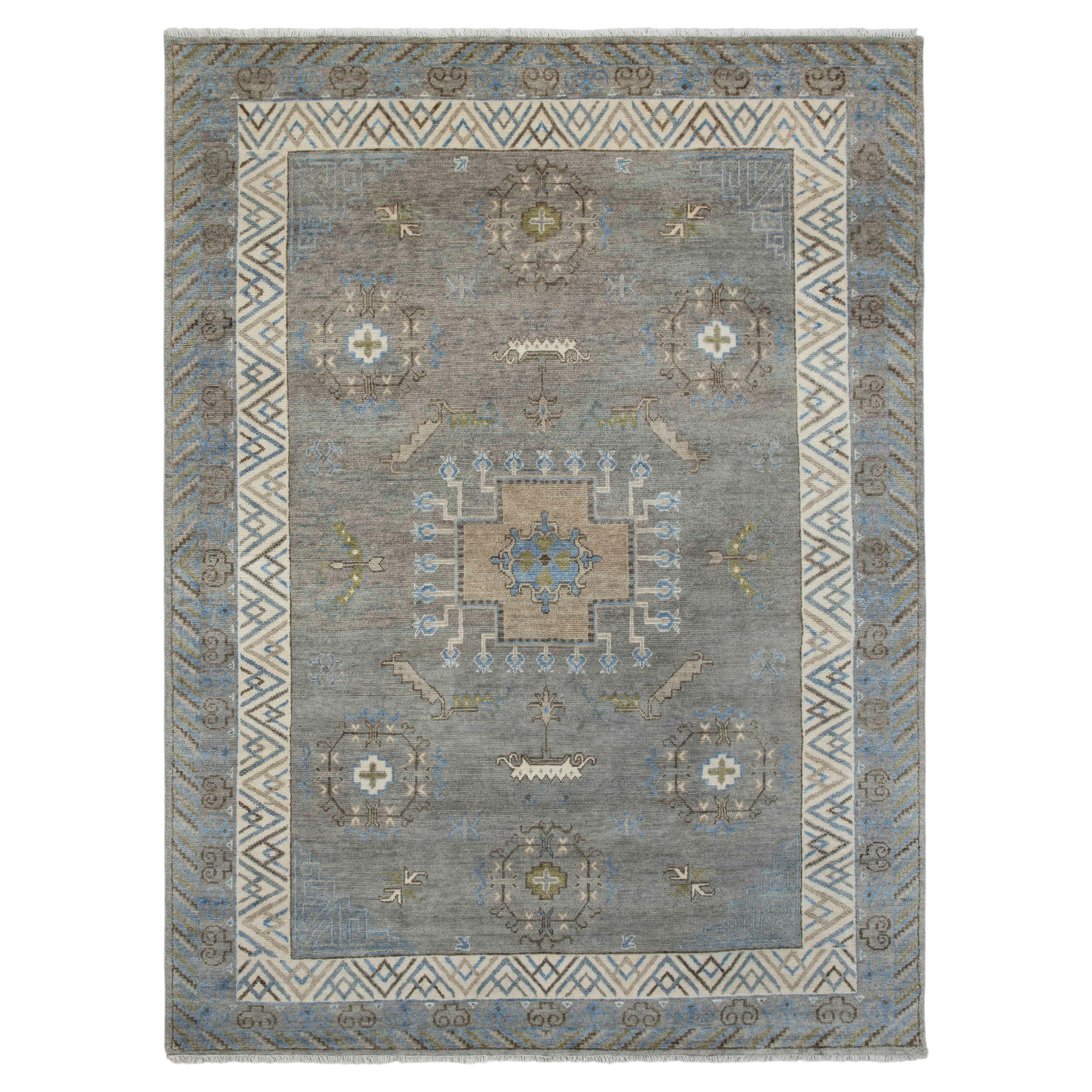 Tappeto 9x12 Oushak grigio con bordo blu e avorio annodato a mano ( G-13712 )