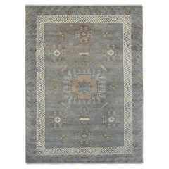 9x12 Gray Oushak with Blue and Ivory Border Hand Knotted Rug ( G-13712 )