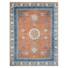 10x14 Rust Oushak with Blue Modern Khotan Hand Knotted Rug ( G-13714 )