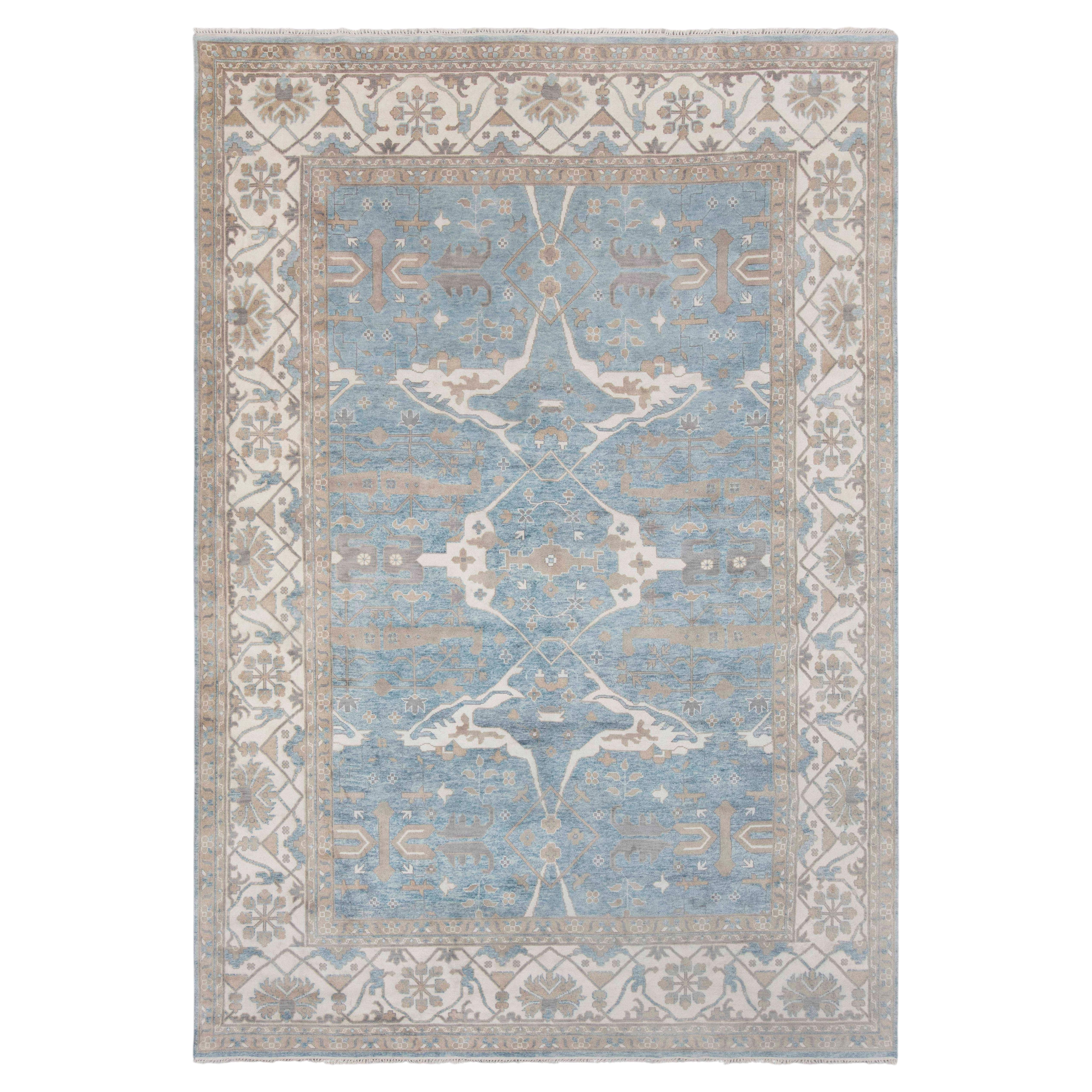 12x18 Blue Oushak with Ivory Border and Soft Beige Hand Knotted Rug ( G-12922 )