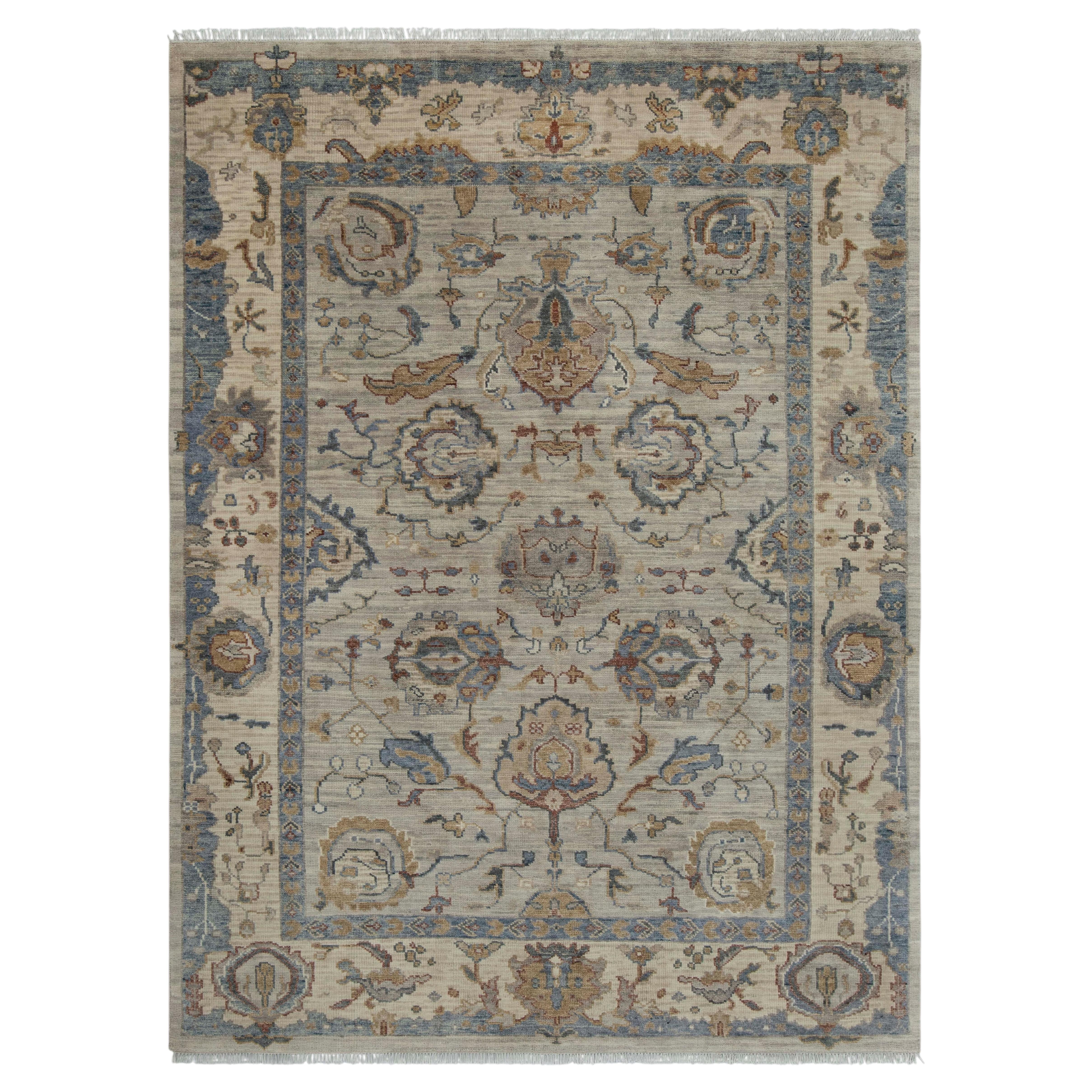 9x12 Beige Oushak with Blue Border Hand Knotted Wool Rug ( G-13235 )