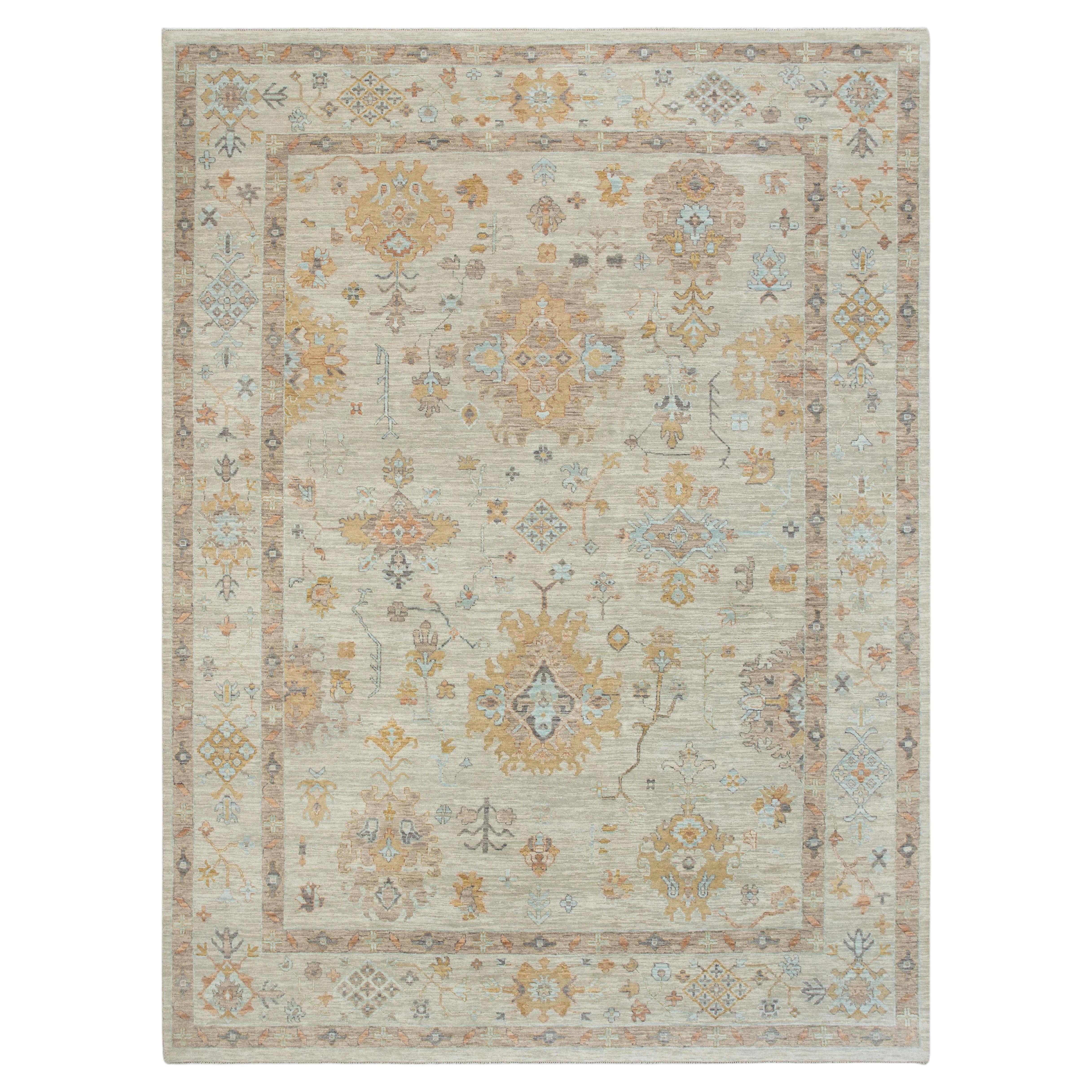 9x12 Beige mit rostfarbenen Blumen Traditioneller handgeknüpfter Oushak-Teppich ( G- 14105 )