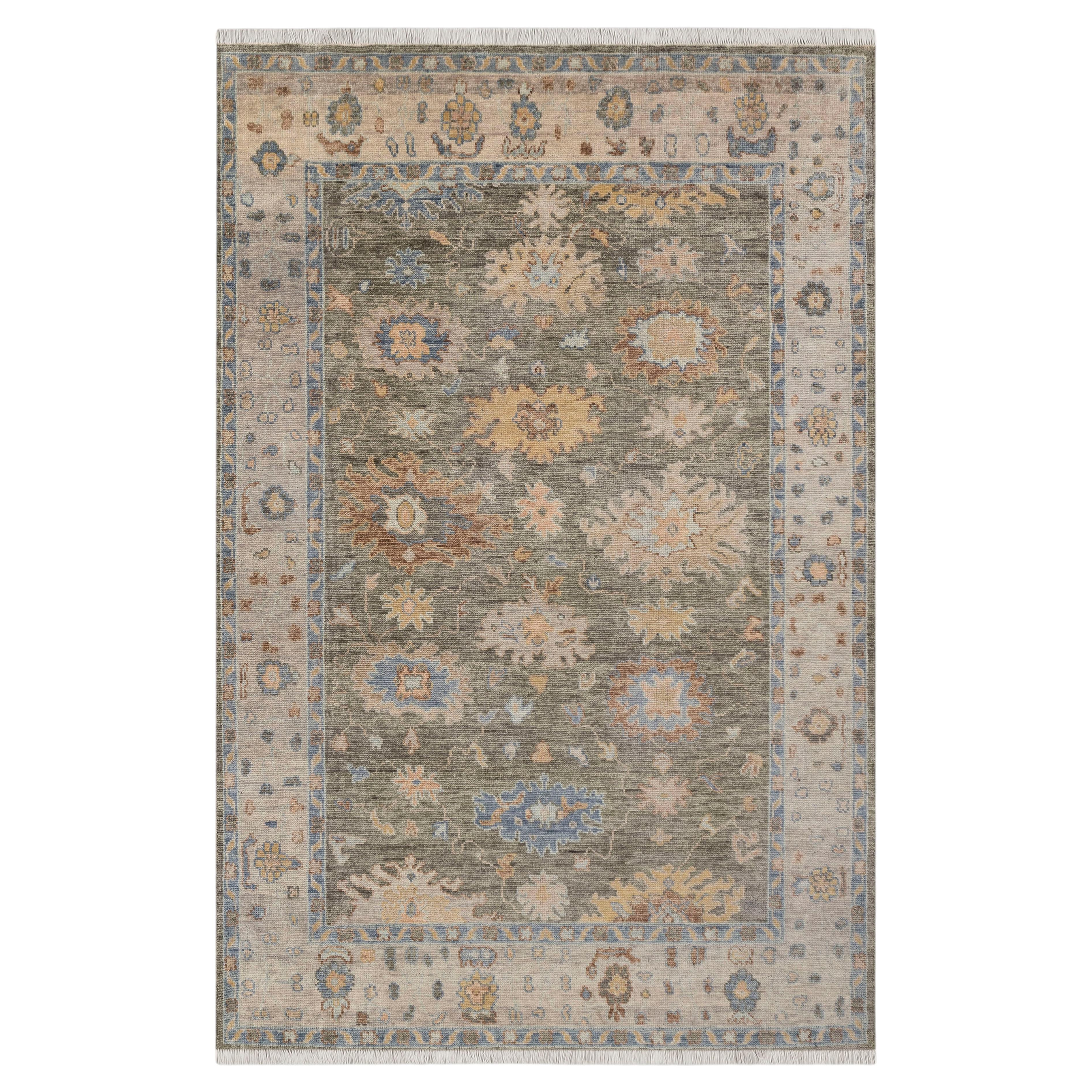 9x12 Charcoal and Blues Turkish Oushak Hand Knotted Wool Rug ( G - 6799 )