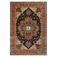 Alfombra Turca Oushak Vintage 6x9 Óxido con Azul Marino con Diseño Floral ( G-14296 )