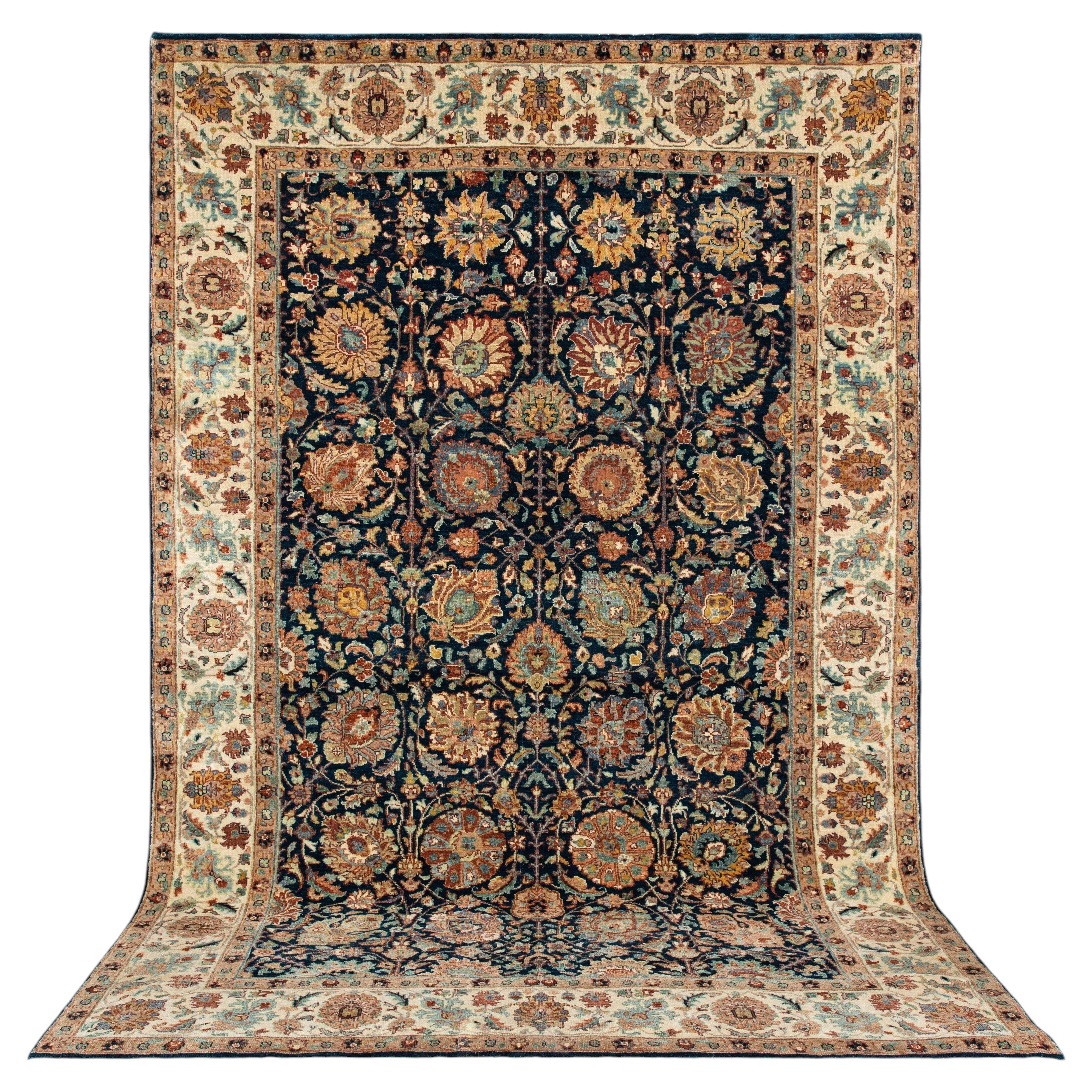 6x9 Navy Ivory Persian Hand Knotted Wool Rug ( G- 13325 ) For Sale