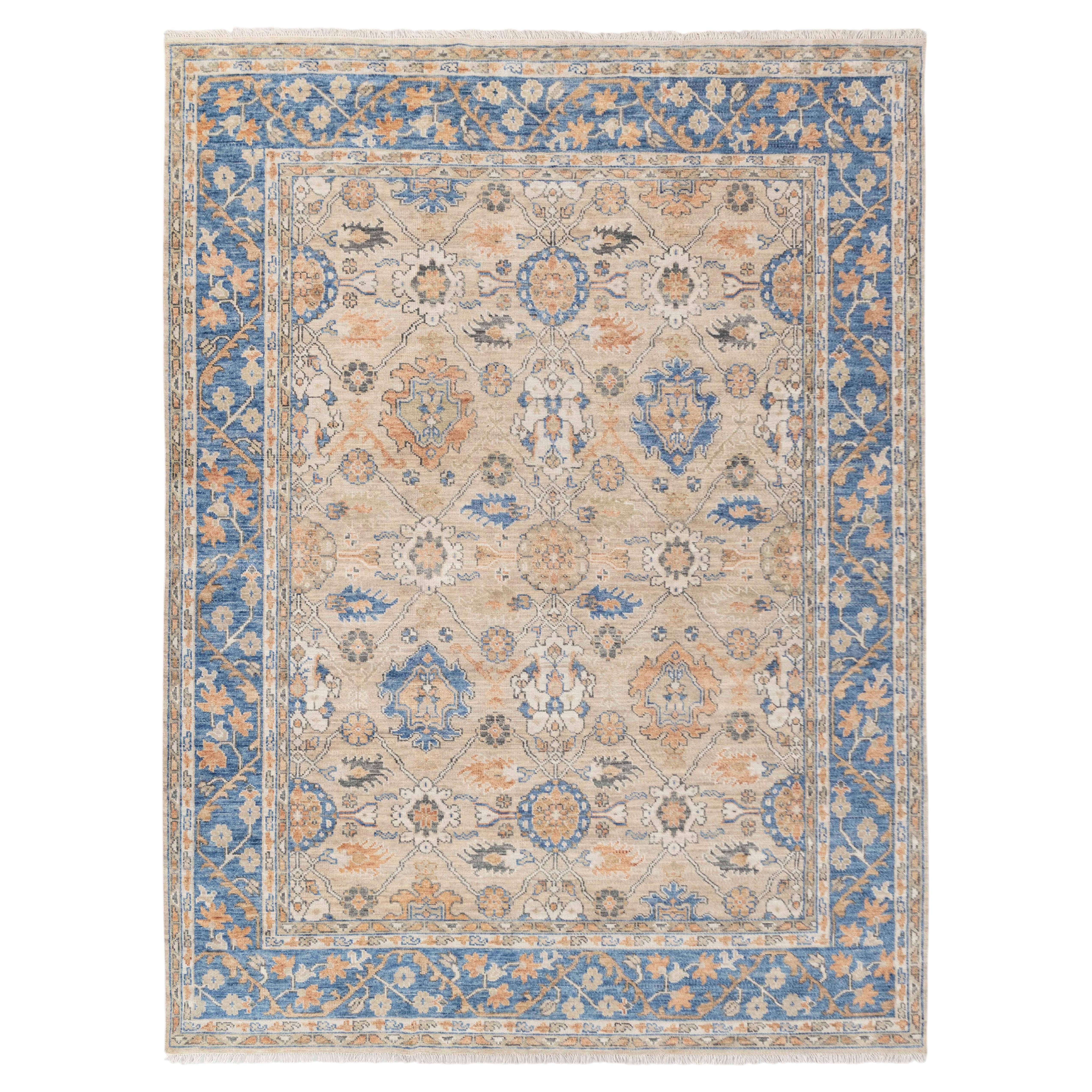 12x15 Beige Blue Traditional Turkish Oushak Hand Knotted Wool Rug ( G-12502 ) For Sale