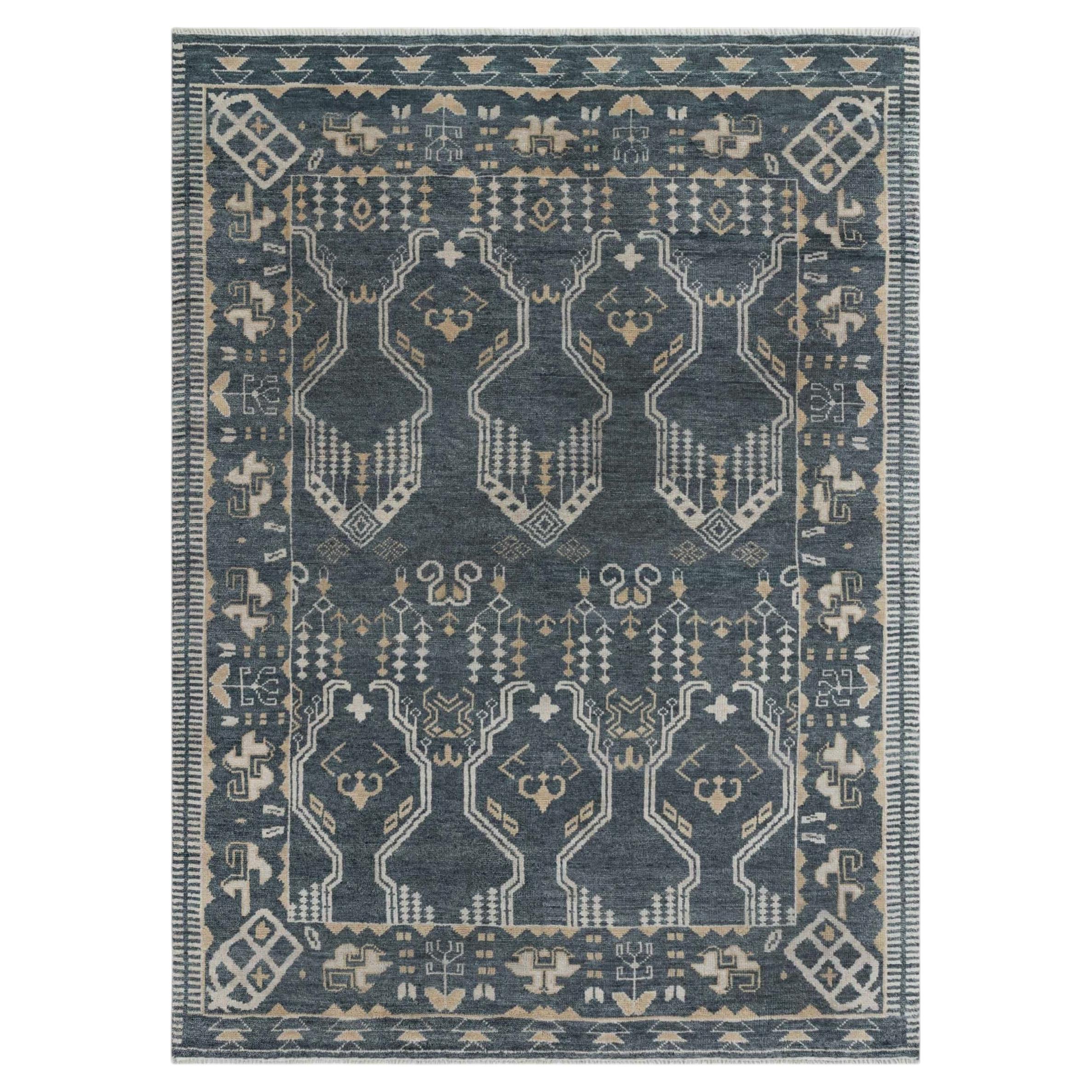 Tappeto 9x12 blu e grigio con motivo geometrico in lana Oushak annodato a mano (G-14616)