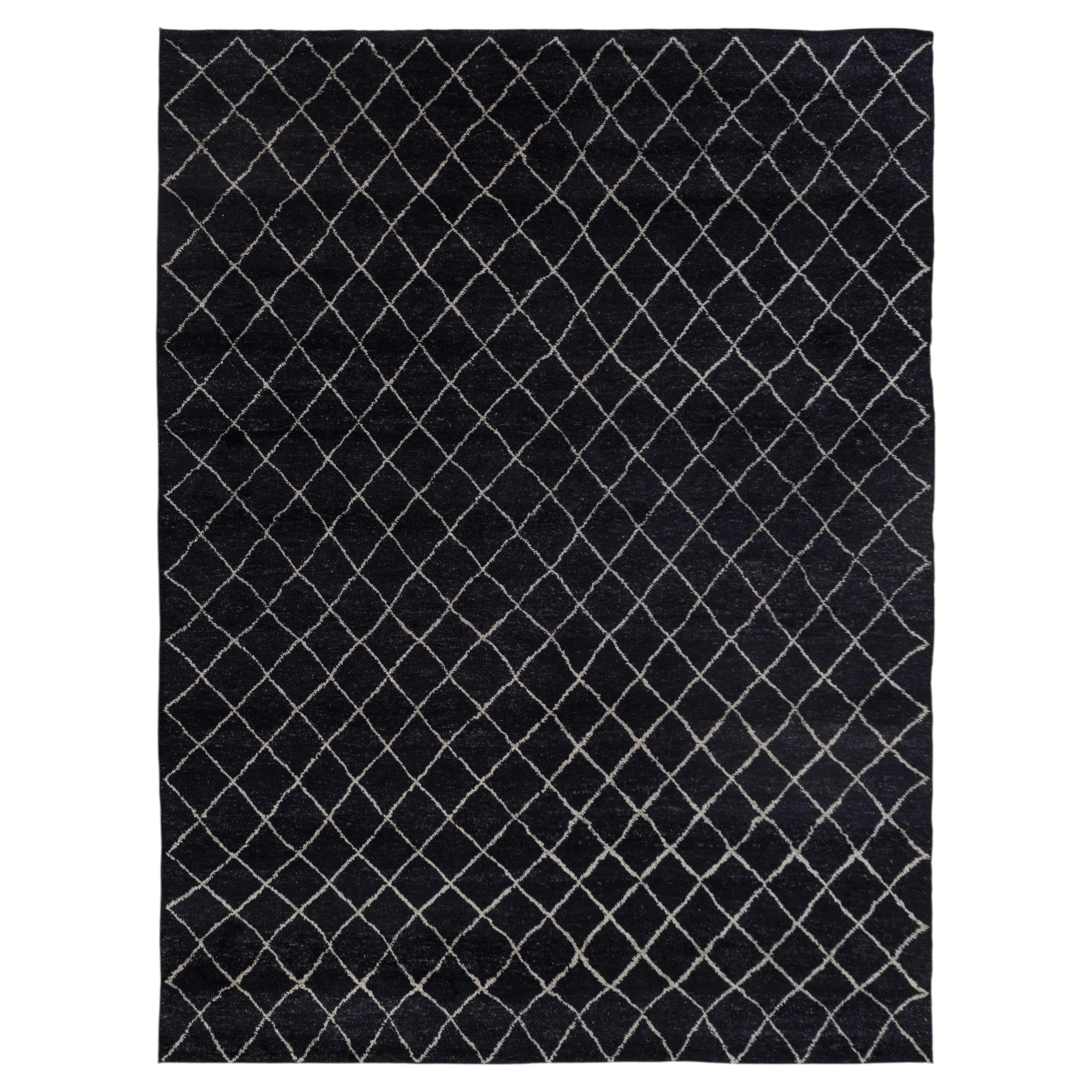 9x12 Black Boho Chequered Hand Knotted Moroccan Wool Rug ( G-12410 )