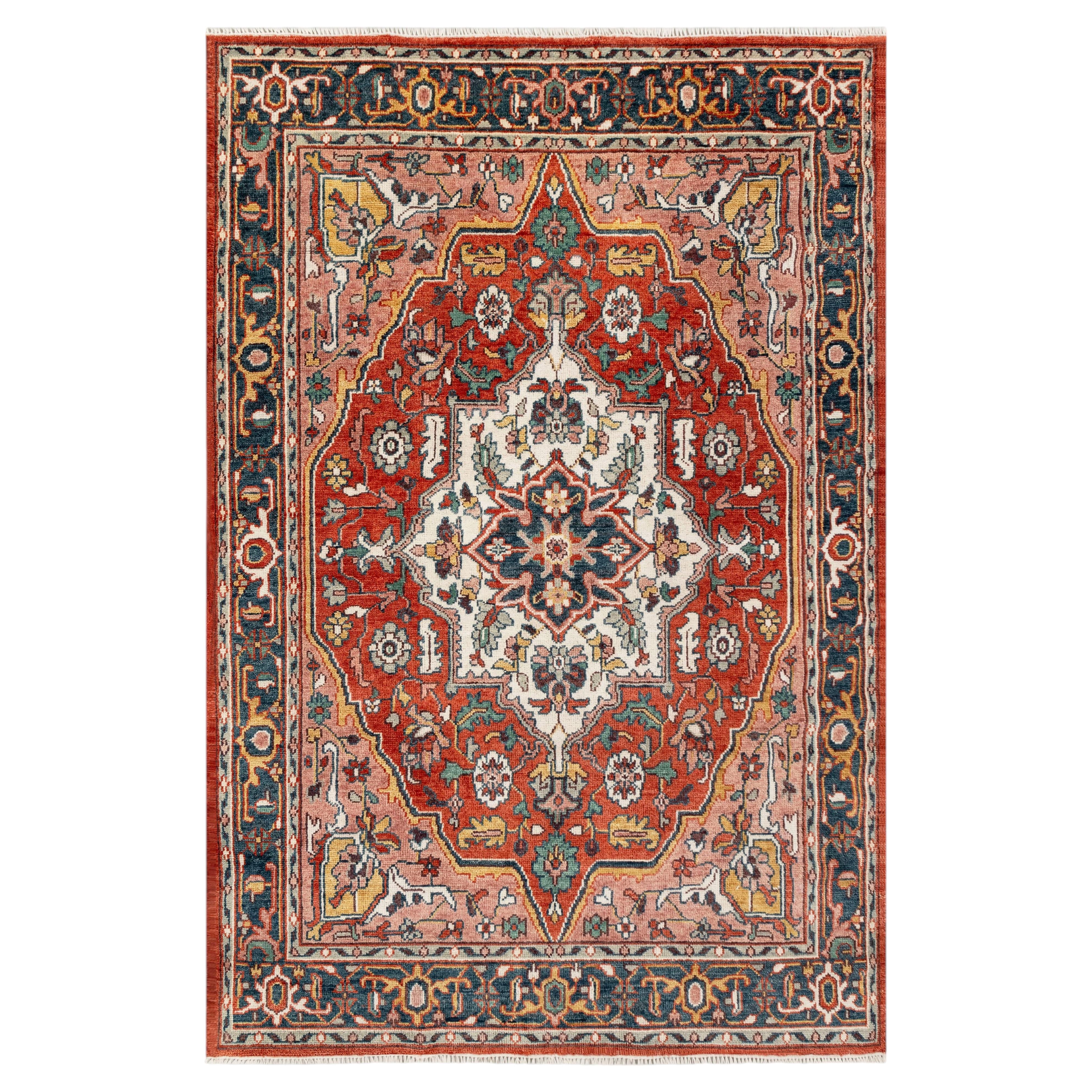9x12 Red Navy Blue Heriz Serapi Persian Hand Knotted Wool Rug ( G-9147 )