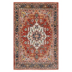 9x12 Red Navy Blue Heriz Serapi Persian Hand Knotted Wool Rug ( G-9147 )