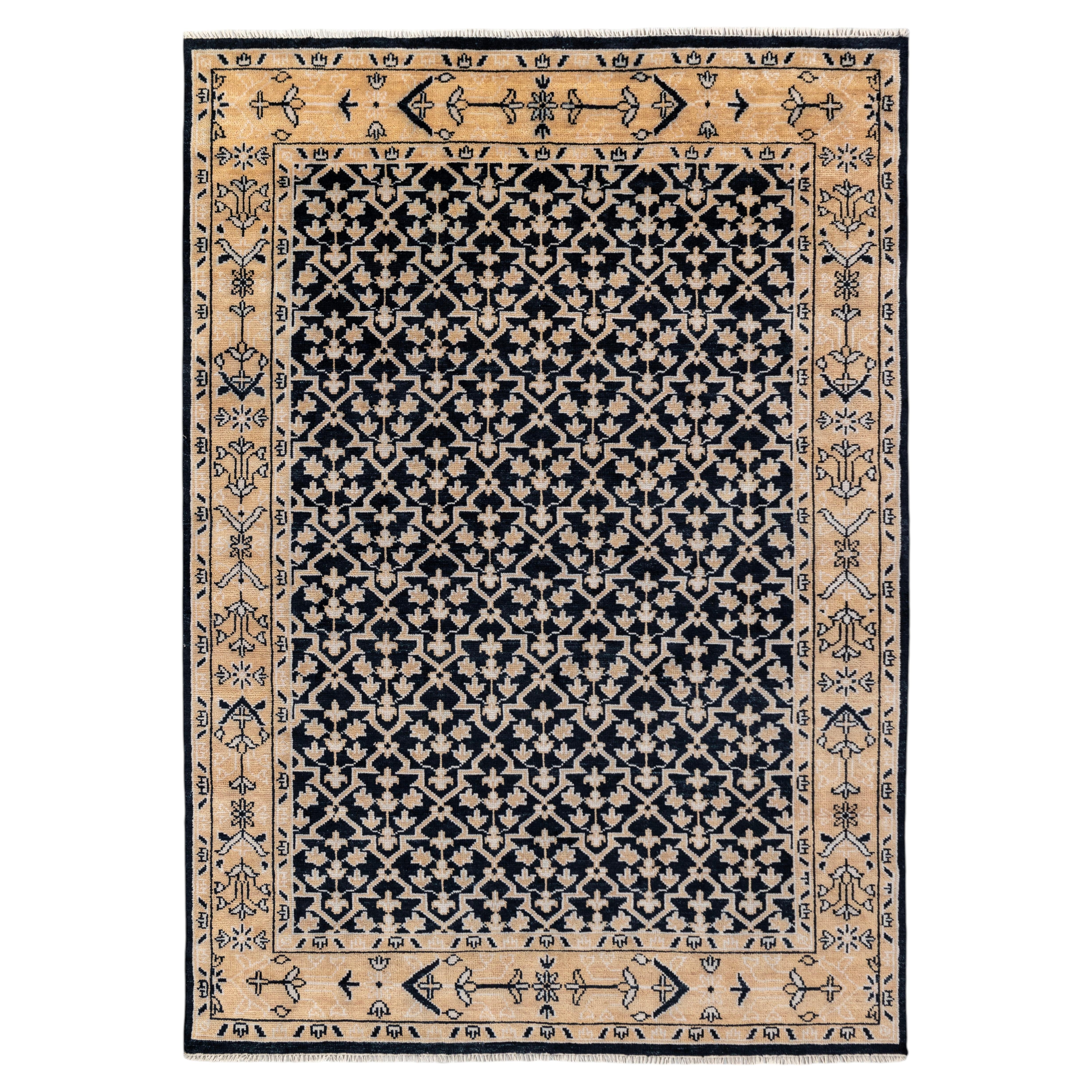 9x12 Navy Blue Beige Turkish Persian Hand Knotted Wool Rug ( G-9141 )